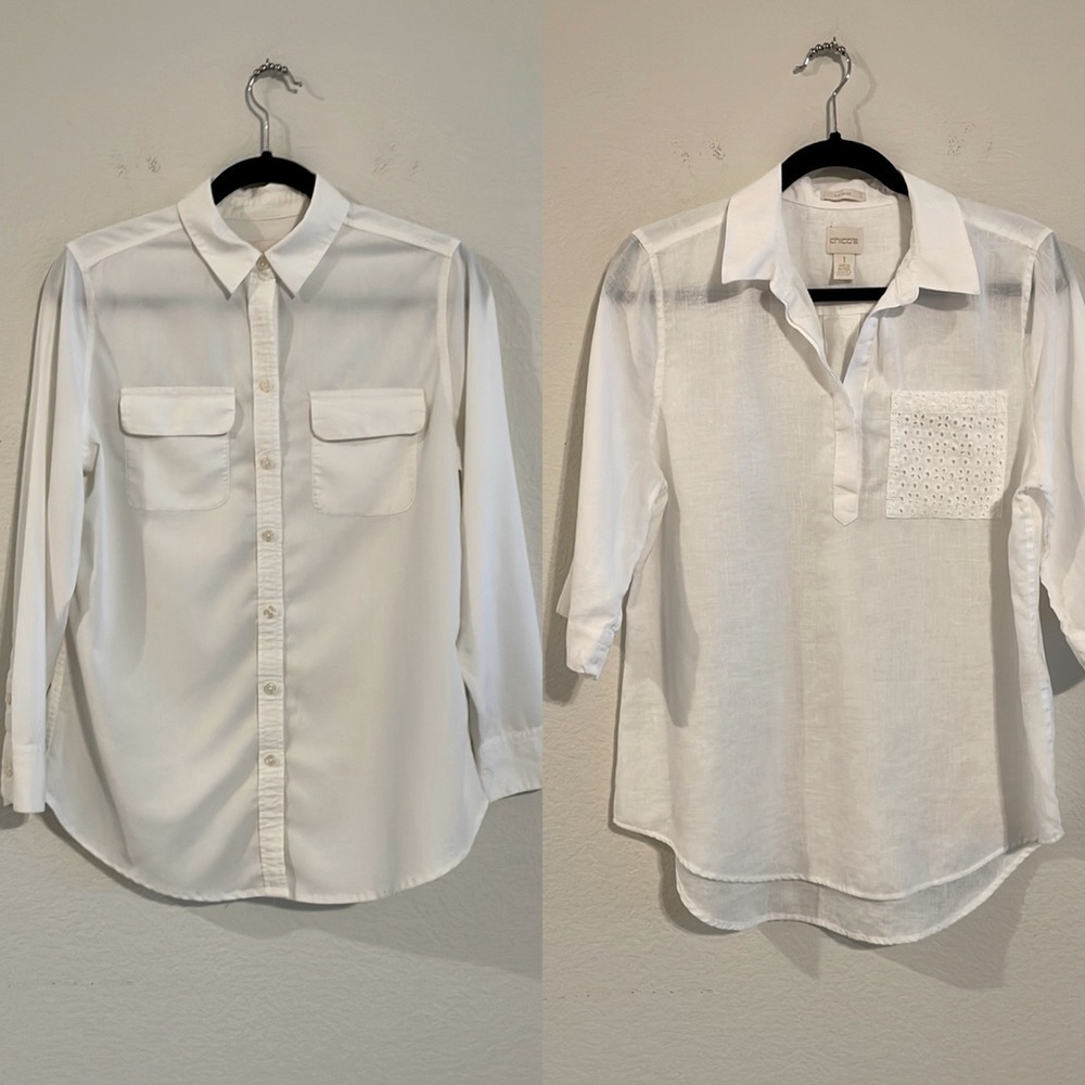 Chico’s Women Button Front Tops (2) Medium White Linen Preppy Contemporary
